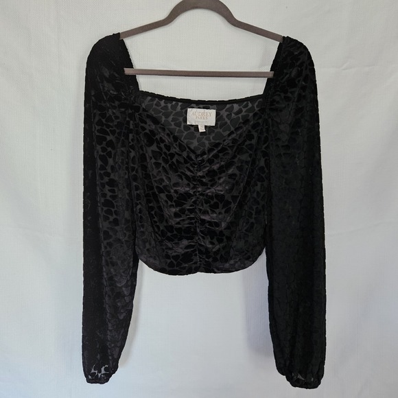 Audrey Parks + Francesca's Tops - Audrey Parks Black Velvet Heart Mesh Ruched Crop Top XL Long Sleeve Romantc Goth